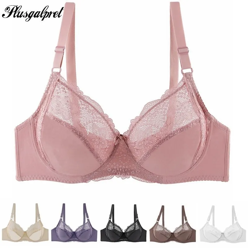 Plusgalpret Full Cup Breast Cover Brassiere Ultrathin Underwear Plus Size  C D E Cup Lace Women's Bra Sexy Lingerie for Ladies