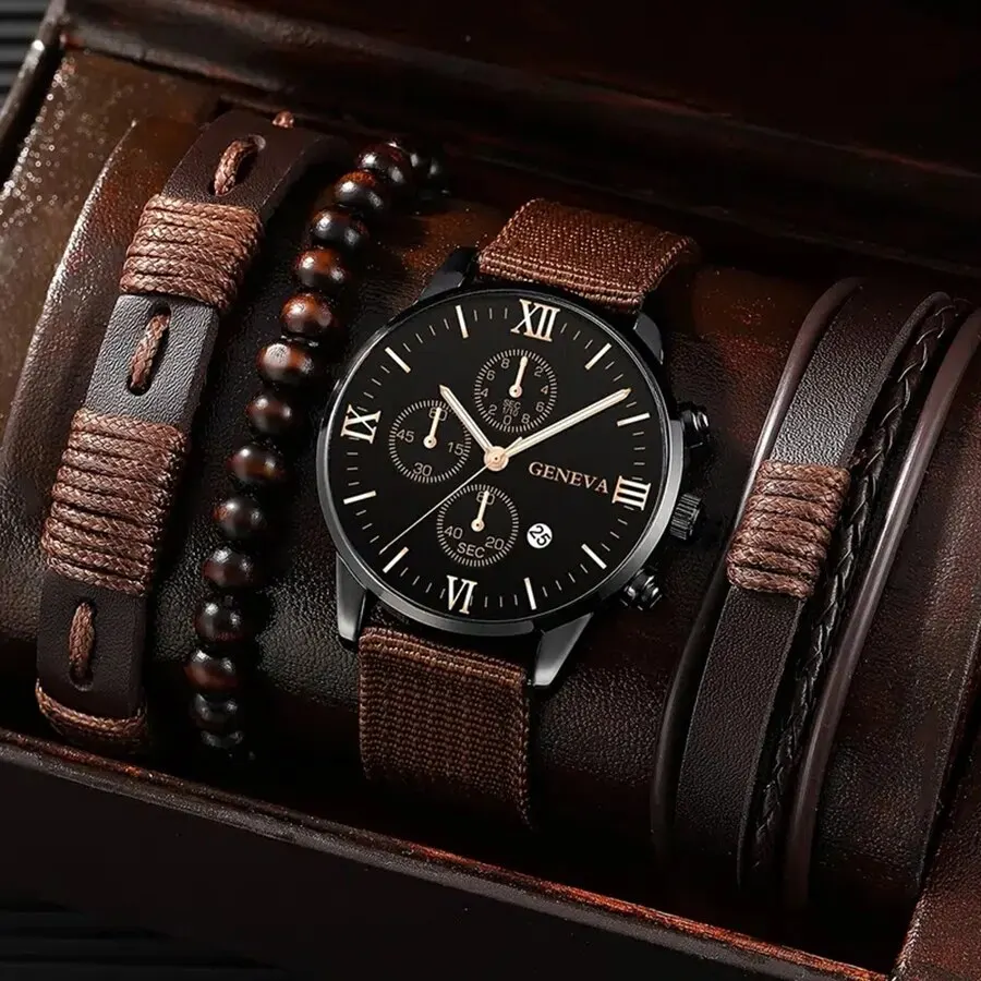 4pcs Quartz Watches Bracelet Watch Set For Men Business Fashion Casual Round Pointer Calendar Watch Accessories 1