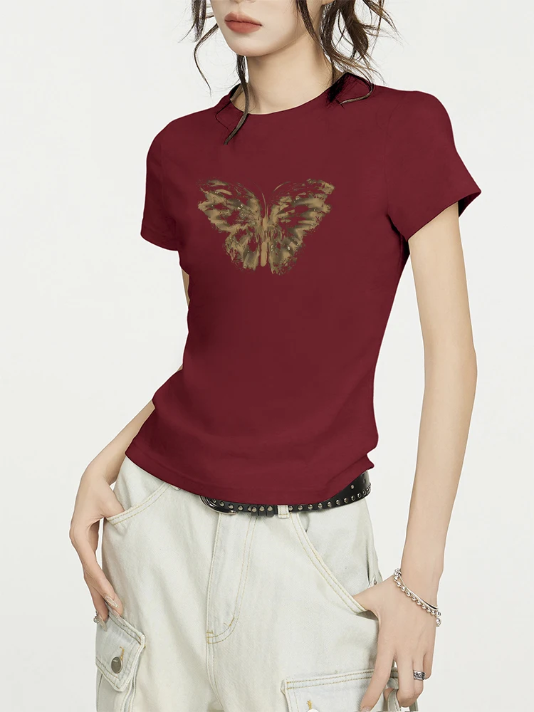 Винно-красная женская футболка с коротким рукавом и плечами Летний американский