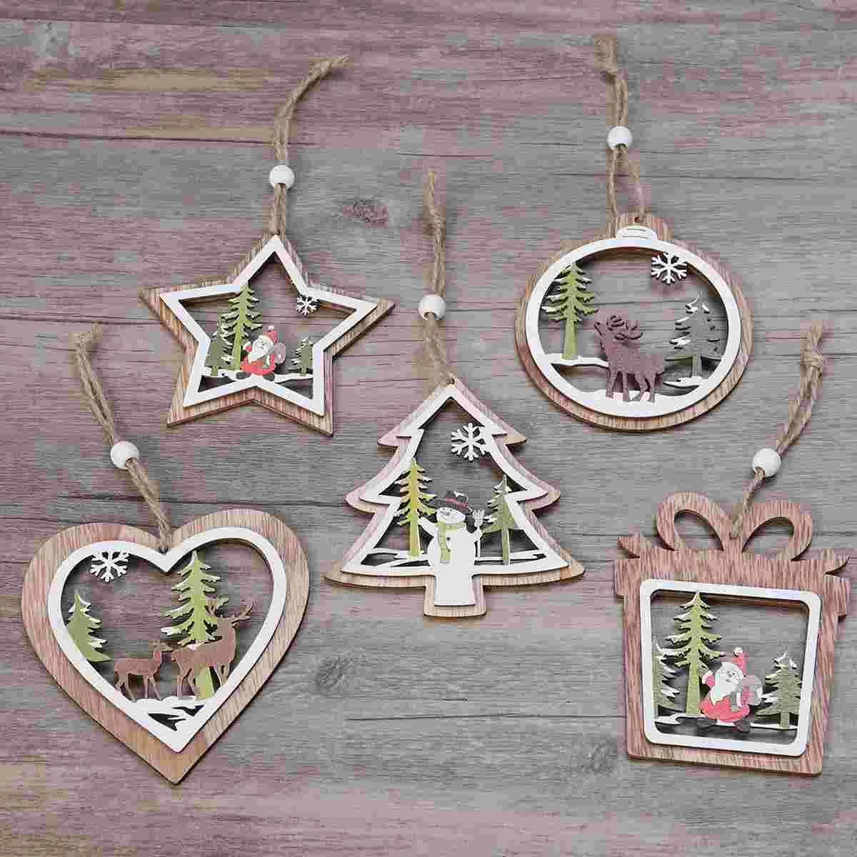 

5pcs Christmas Ornaments Wooden Hanging Pendant Party Supplies for Office Home Shopping Mall Cafe Restaurant Store
