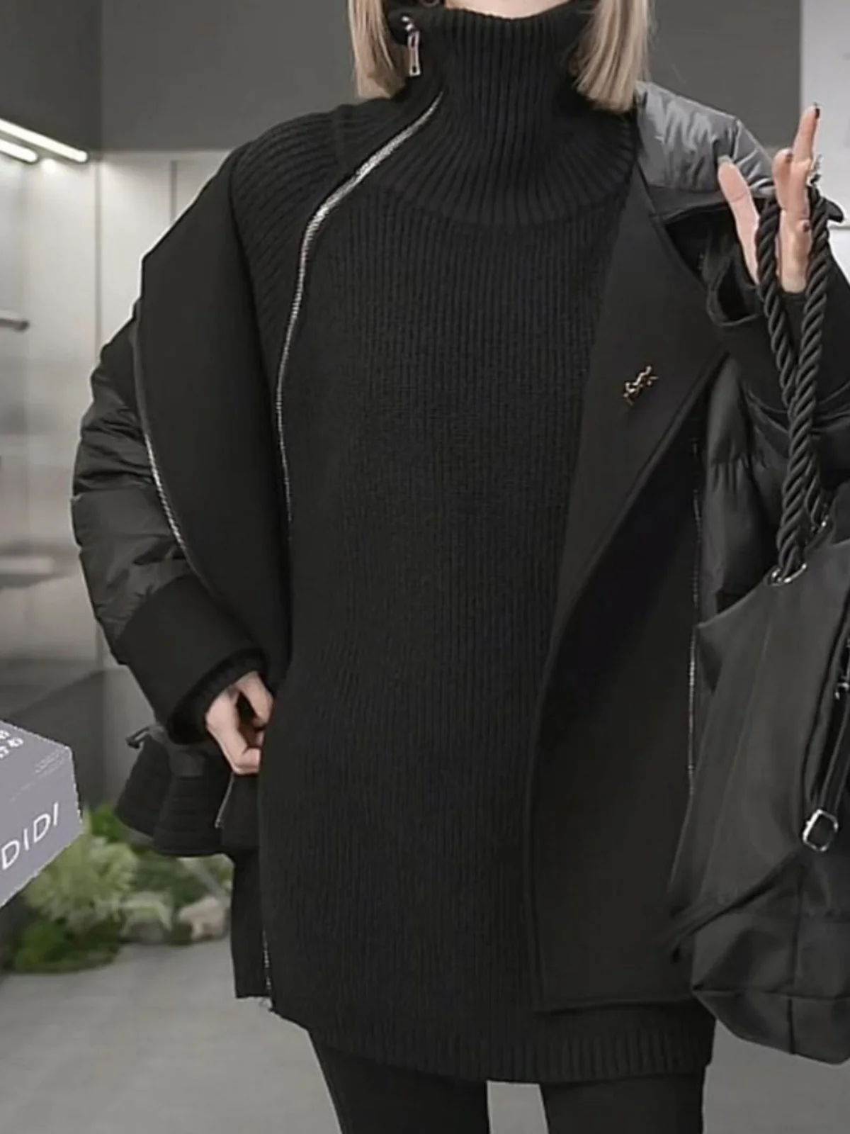 Ozhouzhan 2023 Winter New Stand Collar Oblique Double Zipper Thick Long sleeve All-Match Fleece Knit Sweater