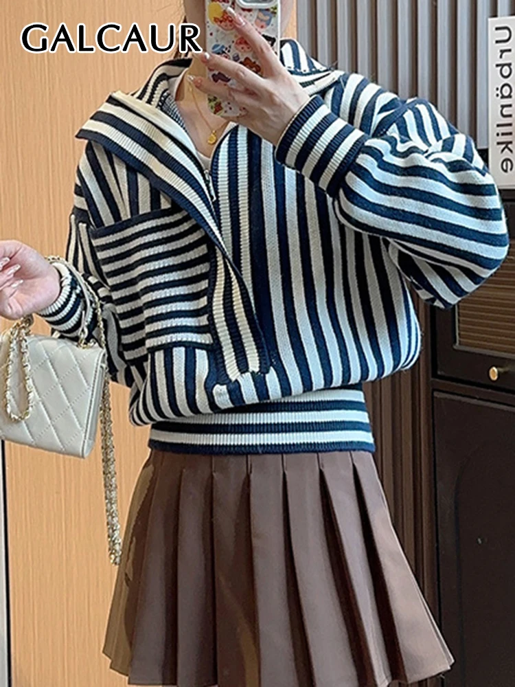 

GALCAUR Striped Knitting Sweaters For Women Lapel Long Sleeve Patchwork Zipper Autumn Casual Colorblock Pullover Sweater Female