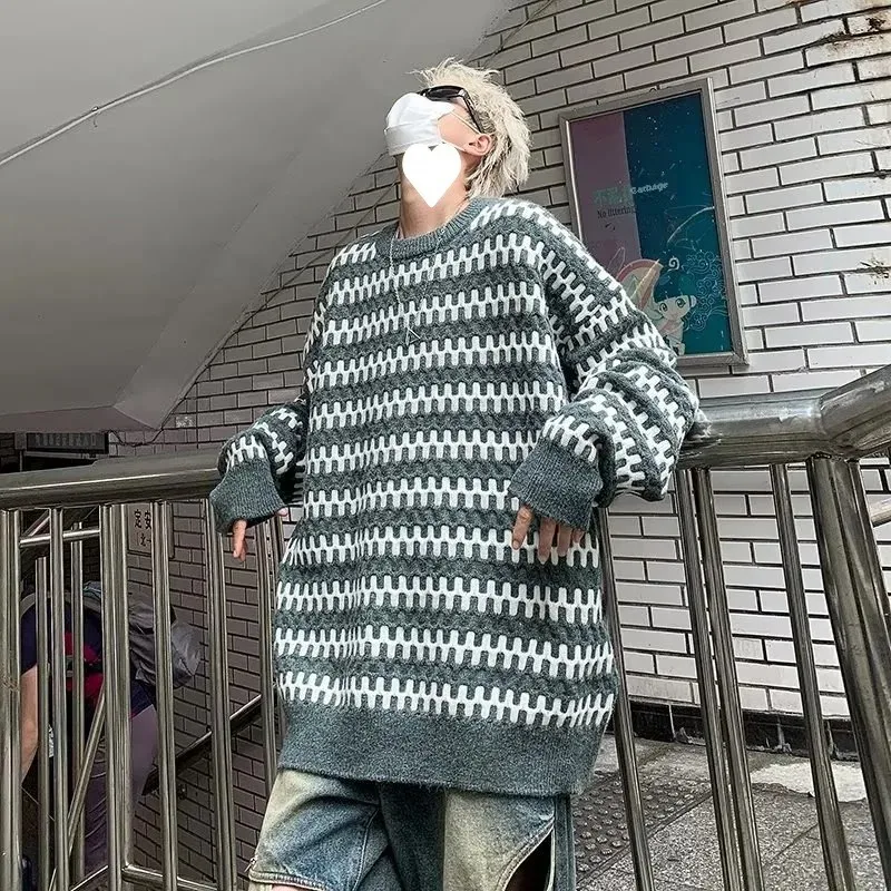 Полосатый свитер мужской повседневный винтажный вязаный топ в японском стиле с