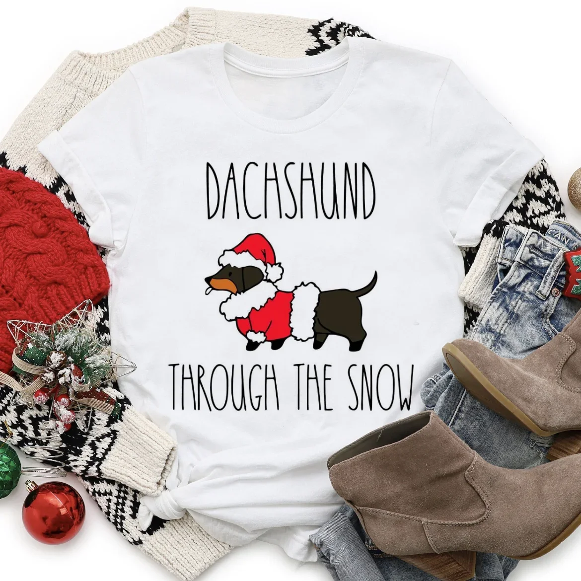 Женский топ с забавной собакой Dachhund Through The Snow милая футболка в акварельном стиле