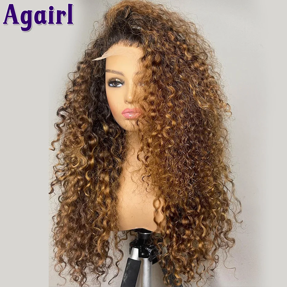 Highlight Honey Brown with Black Root Water Wave Human Hair 13X4 13X6 Lace Front Wig Peruvian Ombre Brown Deep Curly Closure Wig