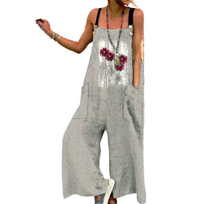Fashion Women Jumpsuits 2022 Spring Summer Printed Wide Leg Overalls Casual Sleeveless Loose Button Up Rompers Pockets Jumpsuits
