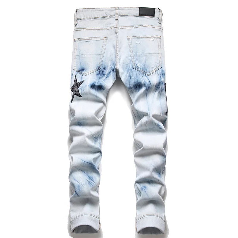 Embroidery Patchwork Ripped Jeans Trend Brand Motorcycle Pant Mens Skinny Jeans