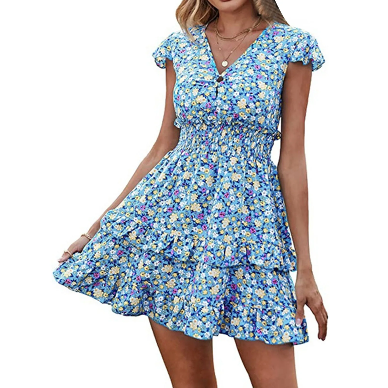 

Women's Boho V Neck Floral Print Ruffle Sleeve Layered Mini Dress Cute Smocked Waist Short Dress