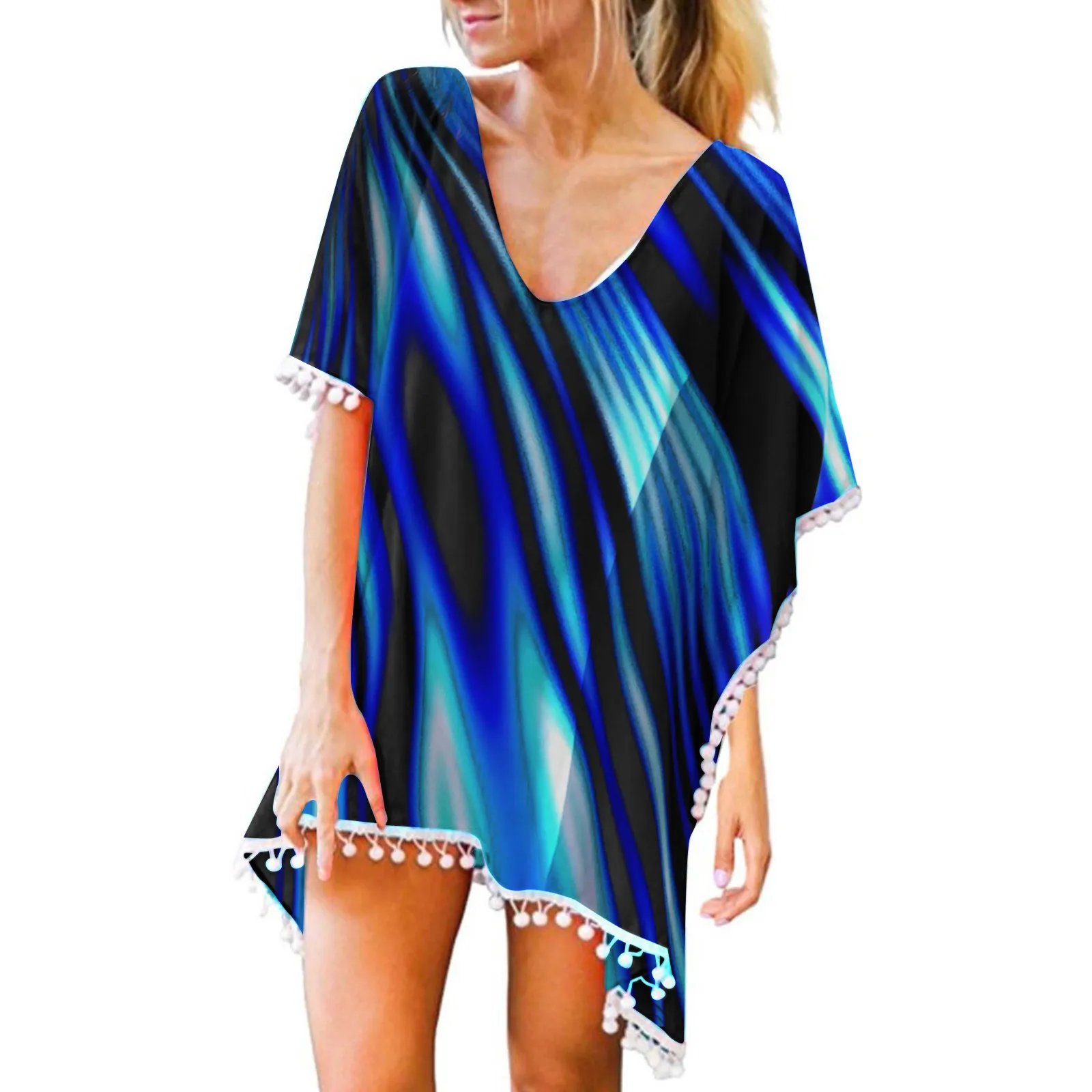 

Пляжная шифоновая Свободная Женская одежда для плавания, кафтан с отделкой кисточками, топы, бикини, купальники, танкини, женские шорты и то...