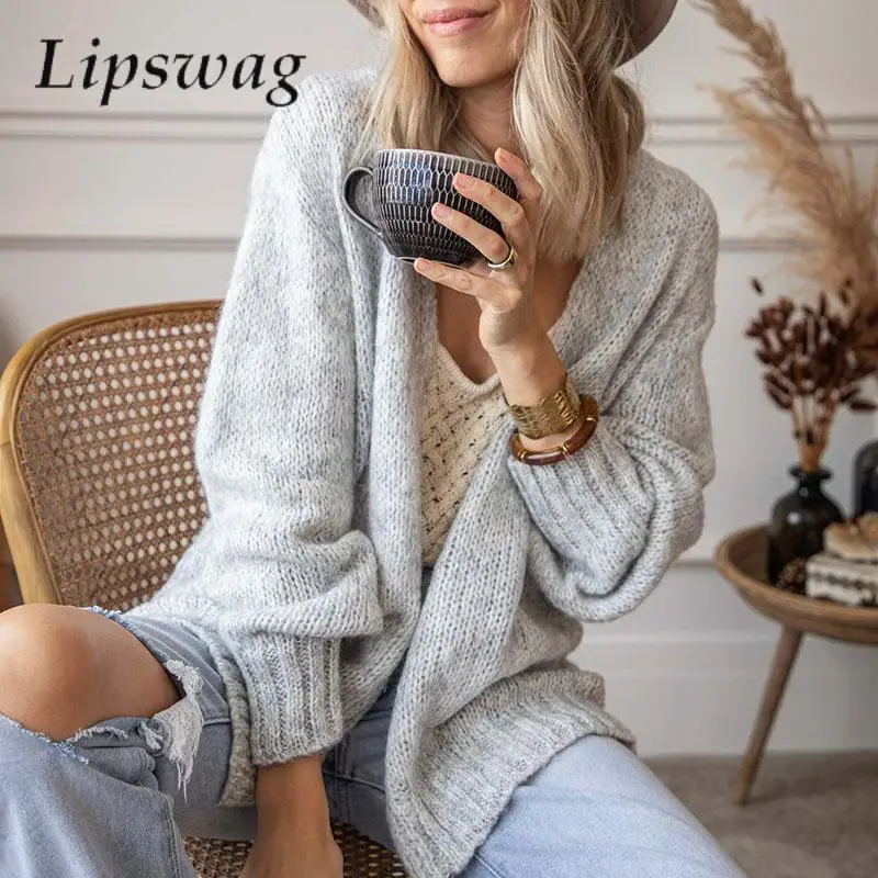 

Lazy Fashion Solid Cardigan Sweater Autumn Winter Office Lady Loose Knitted Coat Women Casual Long Sleeve Thick Sweaters Outwear