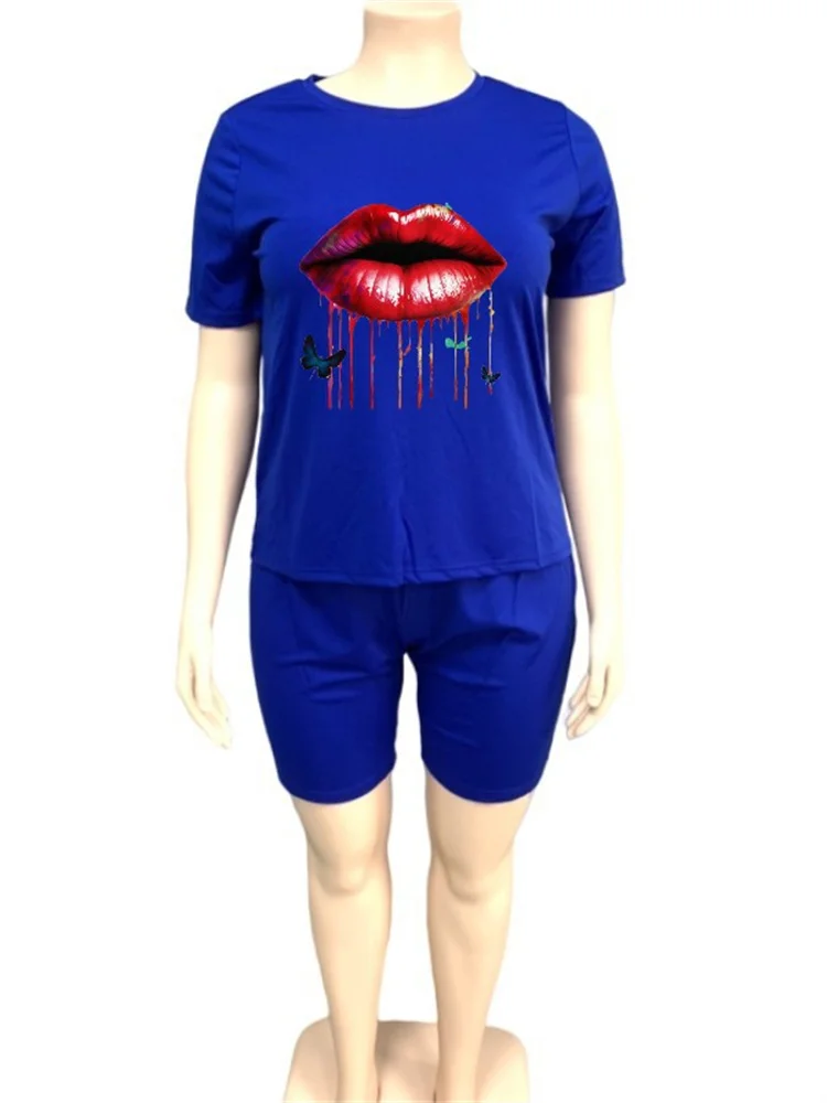 Plus Size Two Piece Sets Women New in Matching Sets Lip Print Top Shorts Tracksuit Casual Summer Whole 3xl 4xl 5xl 6xl