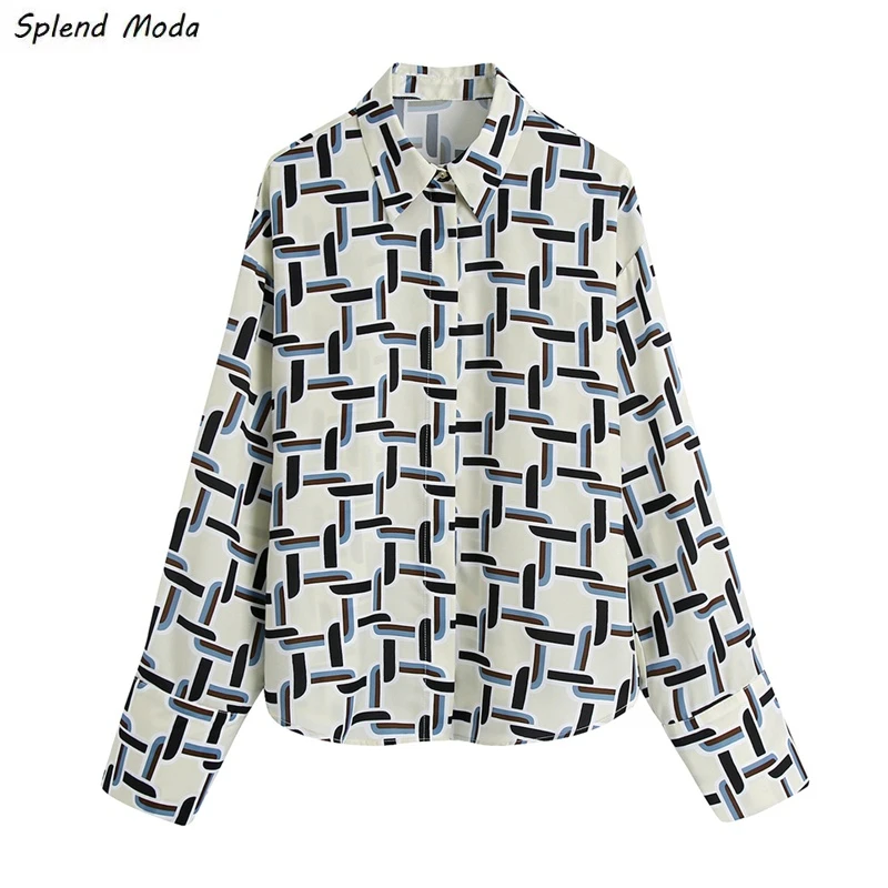 

Splend Moda Autumn New Fashion Vintage Casual Turn Down Collar Long-Sleeve Single Breasted Geometric Print Straight Shirt Women