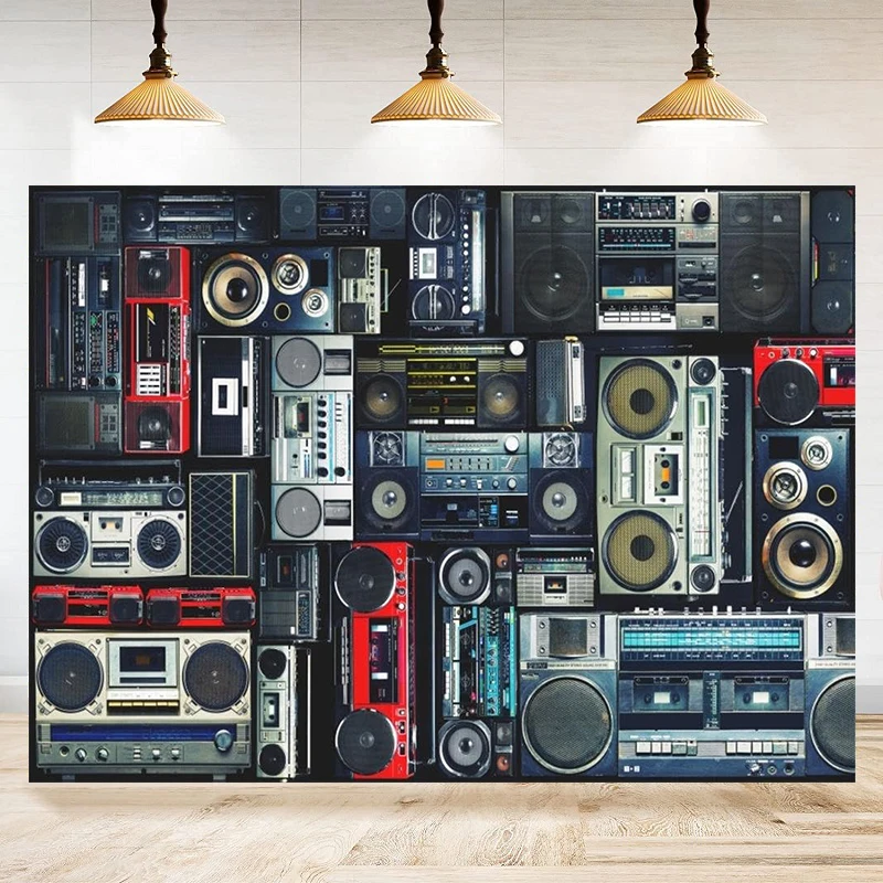Photography Backdrop Vintage Wall Radio Boombox Background Nostalgic Old-Fashioned Amplifier Music Loudspeaker Photo Banner