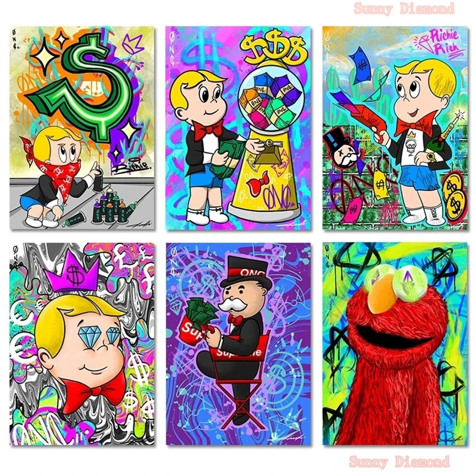 

Cartoon Graffiti Monopoly Money 5D Diamond Art Painting Rich Man Street Modern Diy Cross Stitch Kits Drill Home Decor Cuadro