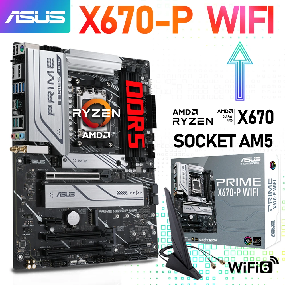 

ASUS PRIME X670 P WIFI Motherboar DDR5 128G Memory AMD AM5 RYZEN CPU ATX Gaming Mainboard 6400(O.C) Bluetooth v5.2 PCIe 5. 0 M.2