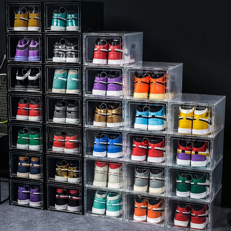 

Transparent Shoe Box Thickened Shoes Organizers Plastic Fold Dustproof Storage Box Stackable Combined Shoe Cabinet Drawer Style