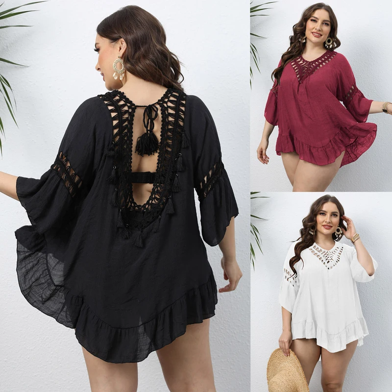 

Sexy Women Loose Beach Dress Tunic Solid Bikini Cover UP Swimsuit Beachwear Swimwear Hollow Out Beach Dress Robe De Plage