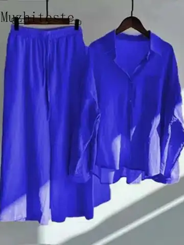 Женский костюм-двойка из рубашки и брюк из хлопка и льна