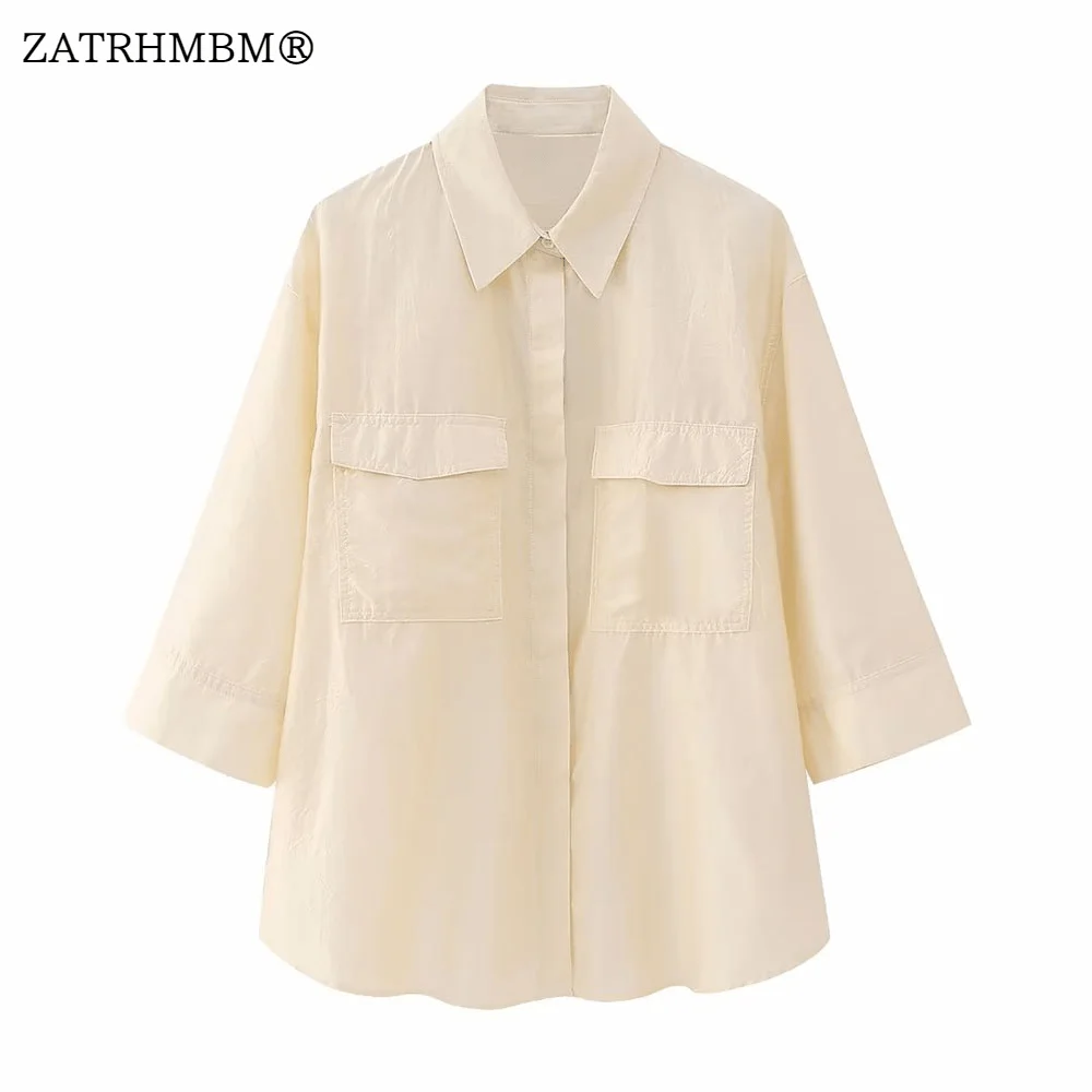 

ZATRHMBM Women 2023 Spring Summer Fashion Casual Blouse Vintage Button Up Patch Pocket Female Shirts Blusas Chic Tops