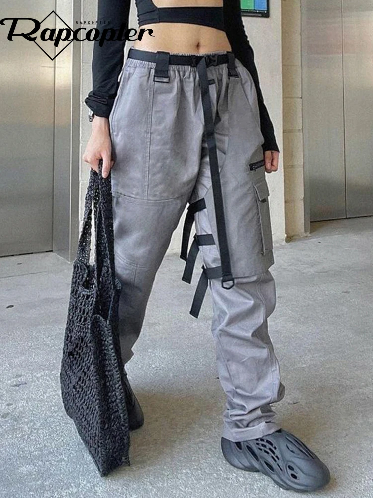 

Брюки-карго Rapcopter женские, серые брюки с завязками, с карманами, стиль панк, уличная одежда, джоггеры, корейские тренировочные штаны, Techwear