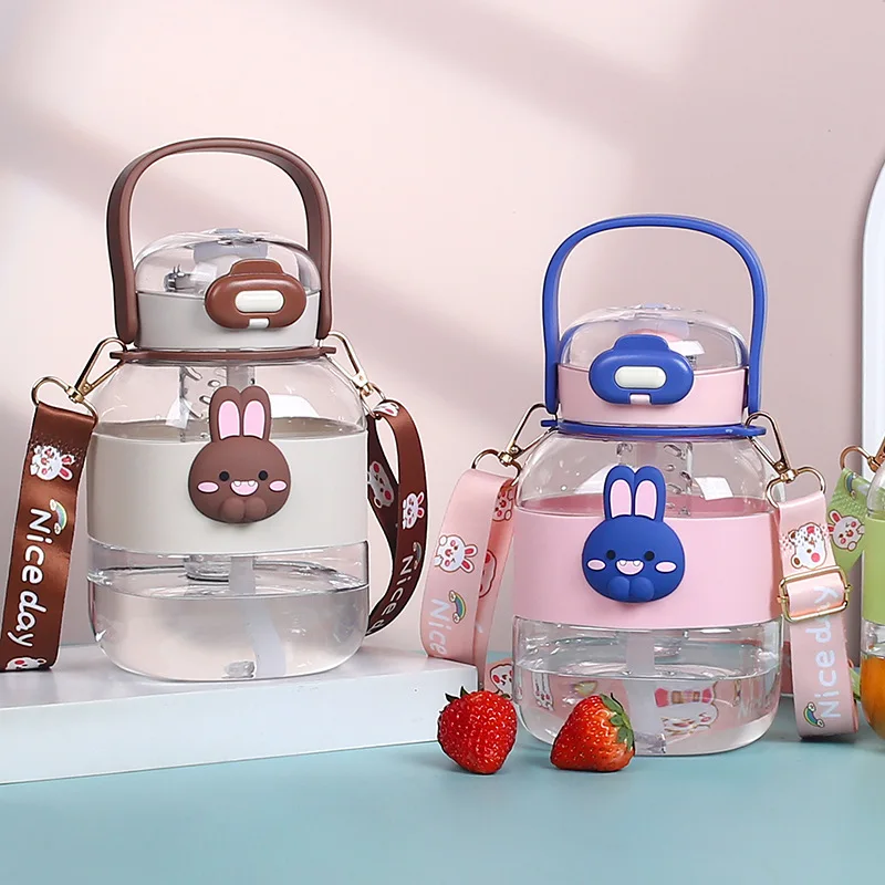 

Cute Big Belly Cups Resistant Straw Kawaii Water Bottle with Adjustable Strap Cute Bear Mugs Children Outdoor School Kids Gifts