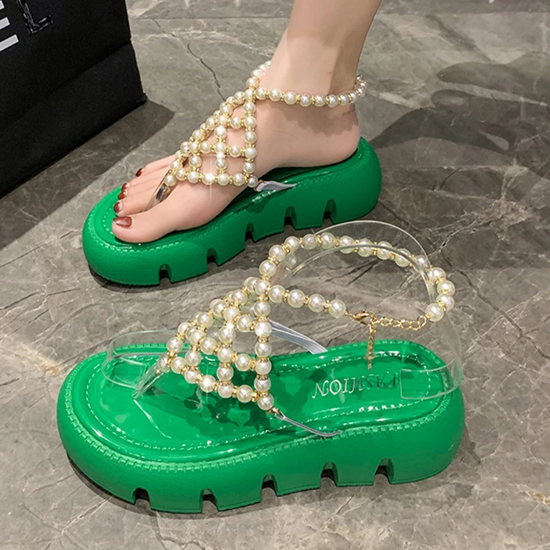 

New Women Beades Clip Toe Sandals Flats Shoes 2023 Summer Fashion Platform Slippers Beach Bohemian Casual Shoes Slides Mujer