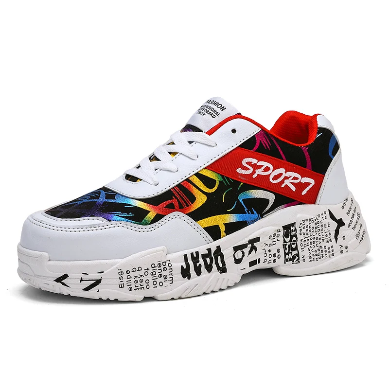 

Hot Sell White Colorful Sneakers Graffiti Printed Chunky Men Shoes Canvas Trainers Casual Breathable Platform Canvas Men Sneaker