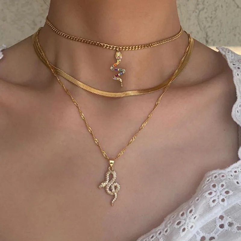 

Gold Layers Statement Fashion Snake Pendant with Crystals CZ Charming Necklace for Women Female Punk Gold Necklace Jewelry