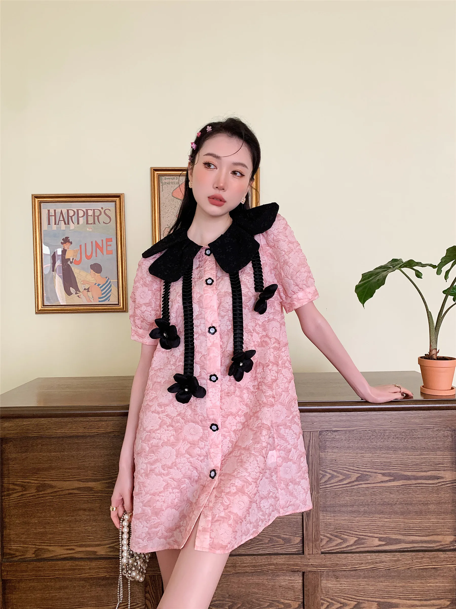

DALMAZZO Luxury Designer Peter Pan Collar Pink Sweet Shirt Midi Dress Women Fashion Single-Breasted Holiday Summer Vestidos