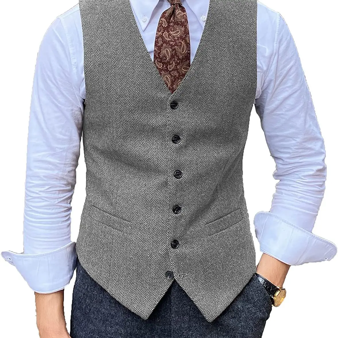 

Men's Suit Vest V-Neck Herringbone Woolen Business Slim Fit Retro Vest Tuxedo Vests Wool Jacket Waistcoat For Wedding Groom