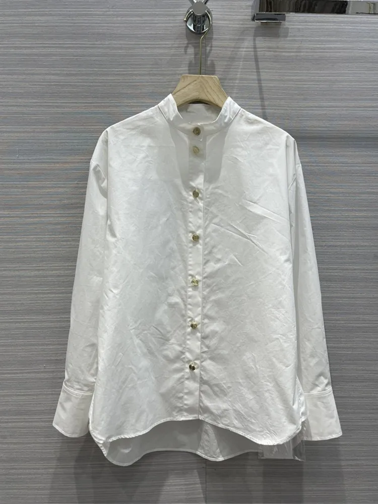 

Women Fashion High Quality Oversize Cotton White Shirts Stand Up Collar Golden Buttons Casual Spring Shirts for Woman
