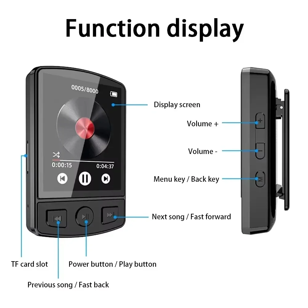 Фото MP3-плеер Bluetooth 5.2, портативный, 1,8 дюйма, с клипсой, Hi-Fi звук, для студентов, с экраном, FM-радио, электронной книгой, для спорта №5