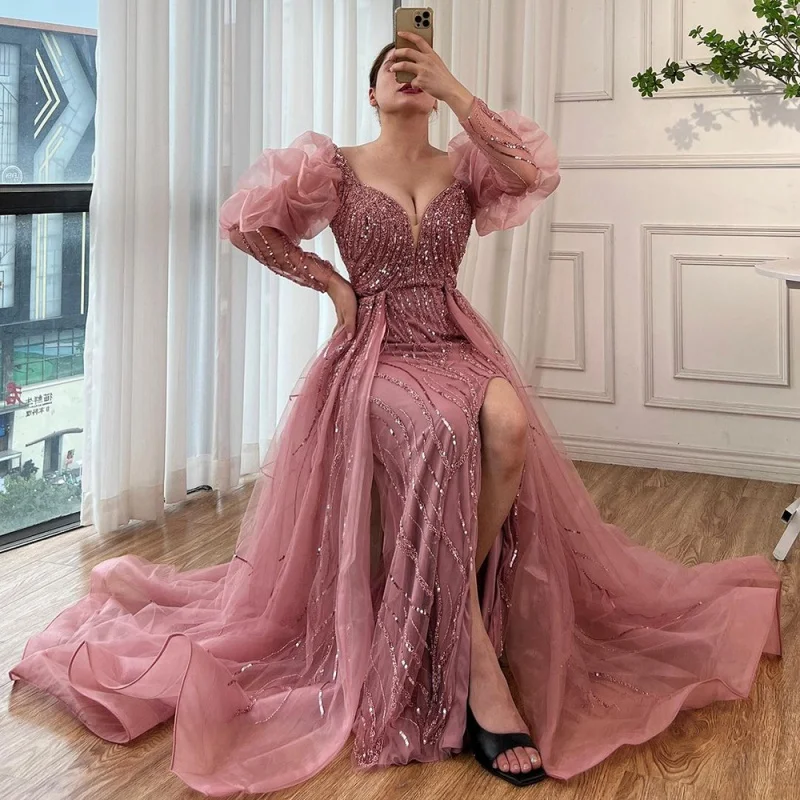 

Pink Mermaid High Split Evening DressesCustomized OEM/ODM71948 Dubai Beaded Overskirt Party Gowns For Women