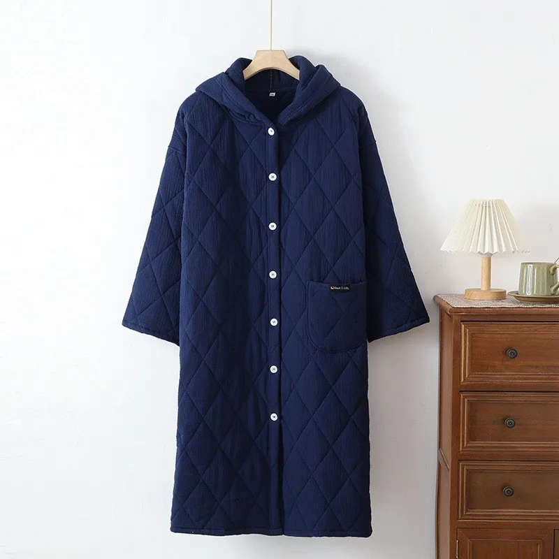 Осень-зима 2024 женский теплый хлопковый халат с наполнителем капюшоном длинными