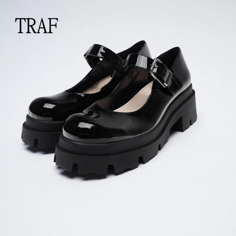 TRAF Black Shoes For Women High Heels Fashion Round Toe Mary Jane Women Patent Faux Leather Student Shoes Platform Girl Heels