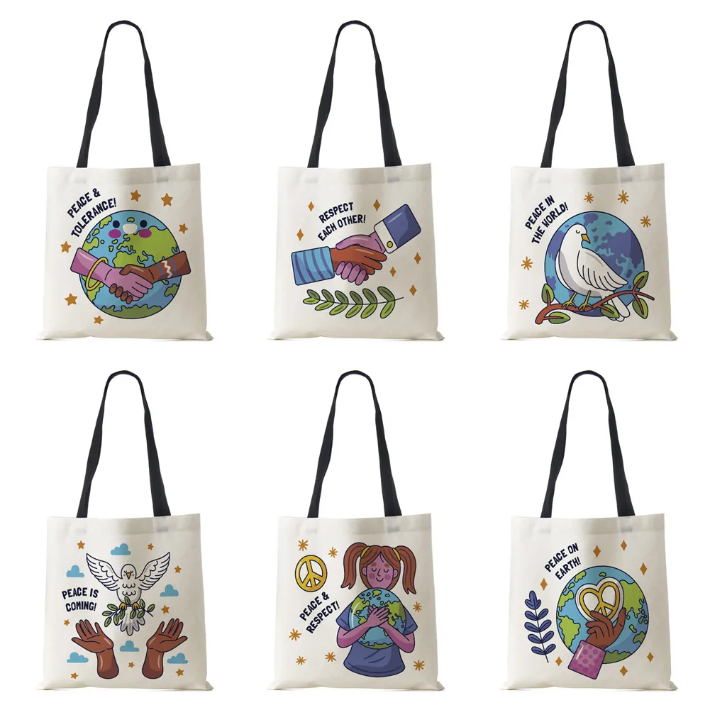 

Peace Earth Print Shopping Bags Folding Reusable Customize Tote Shoulder Bag Eco-friendly Canvas Handbags For Women Lady 2022