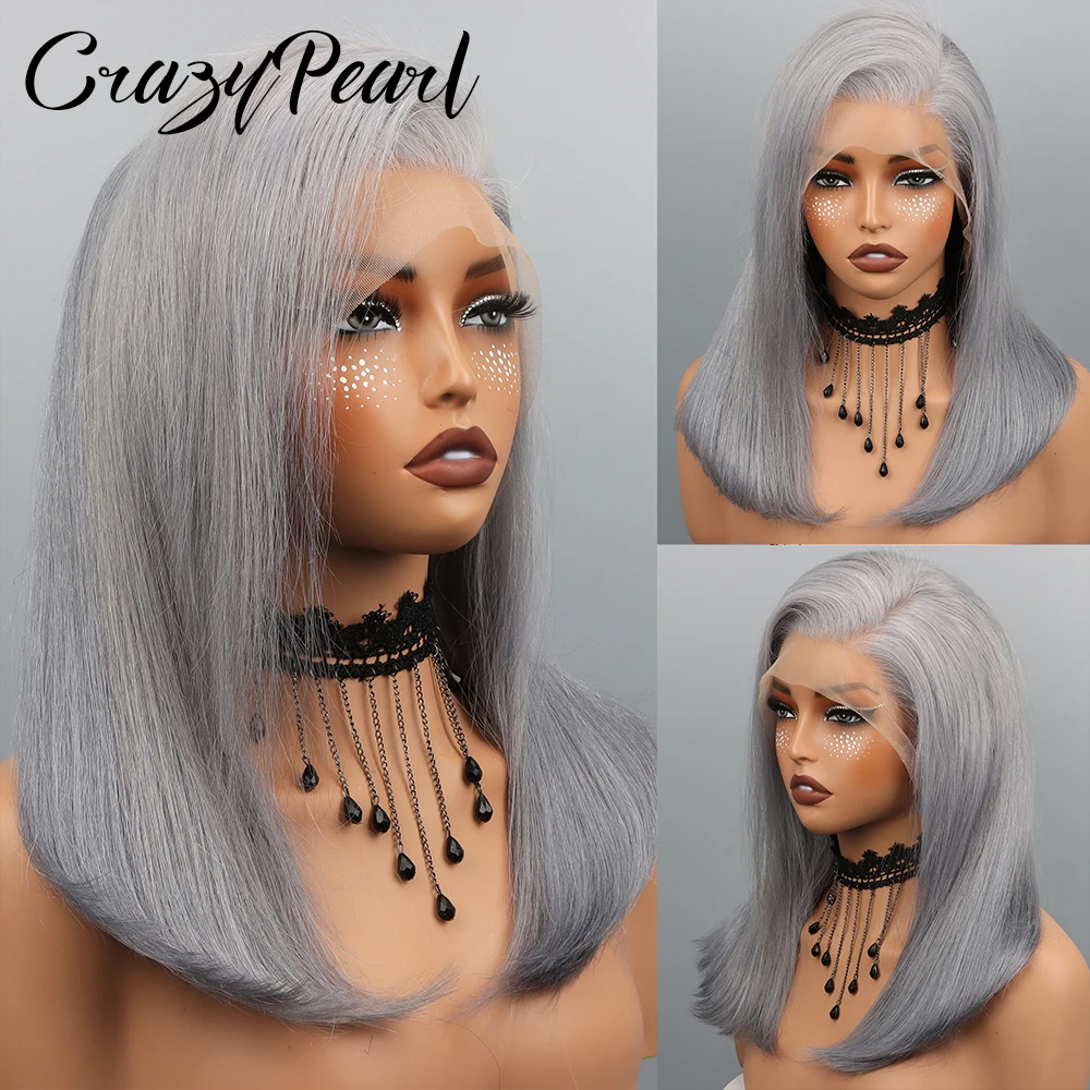 Фото Серый парик CrazyPearl из натуральных волос, прямой, с фронтальной шнуровкой 13x4, предварительно прорезанный, 10 дюймов, короткий парик из натуральных волос №4