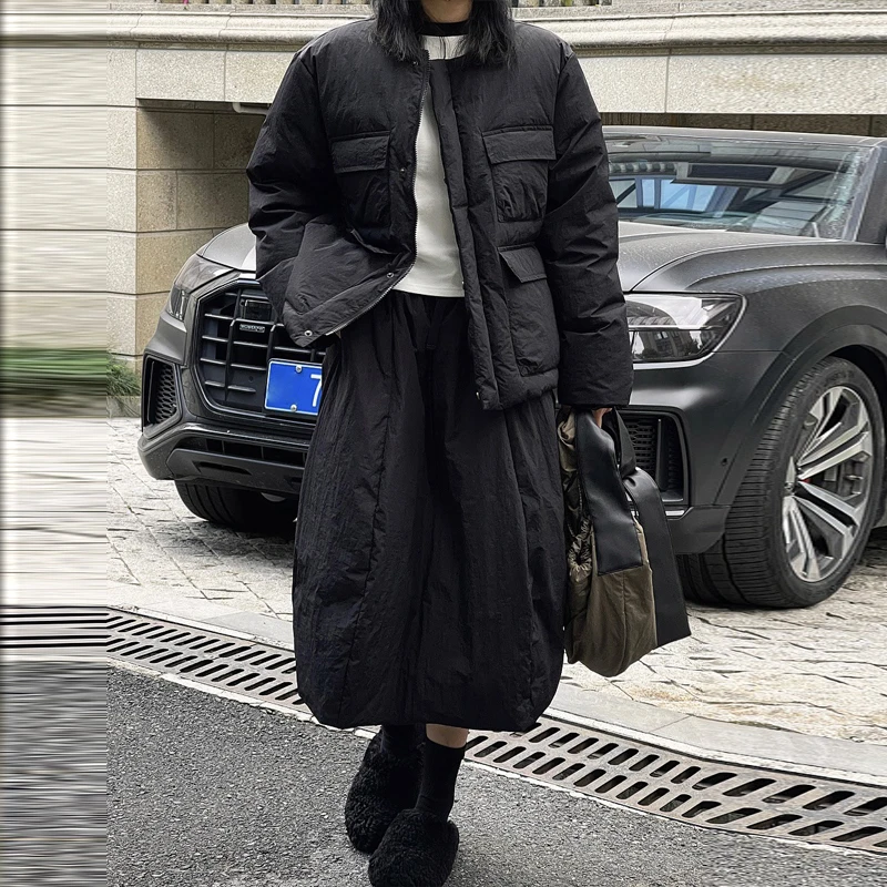 Casual Winter Pockets Down jacket Adjustable waist skirt Warm 2023 New Women Black 2 Piece set Puffer coat Parkas INKEO 2O404
