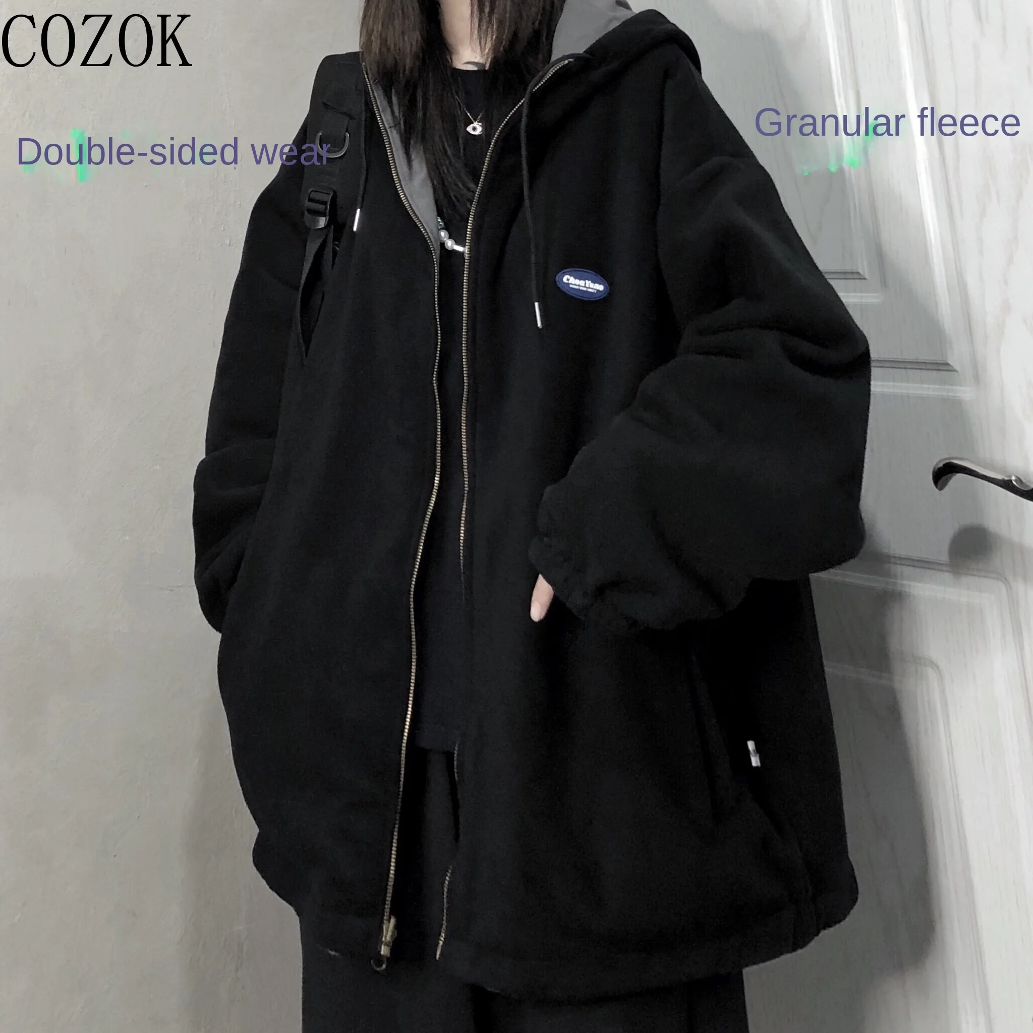 Zip up Hoodies  Winter New Loose Fleece Thick Hooded Both Sides Wearable Cotton Clothes Coat Men and Women Hoodies Women