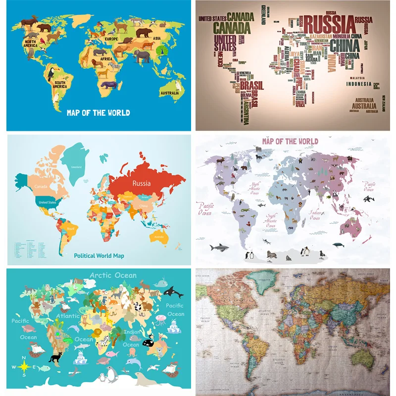 

Art Fabric Photography Backdrops Props Physical Map of The World Wall Poster Home School Decoration Baby Background 22625-04