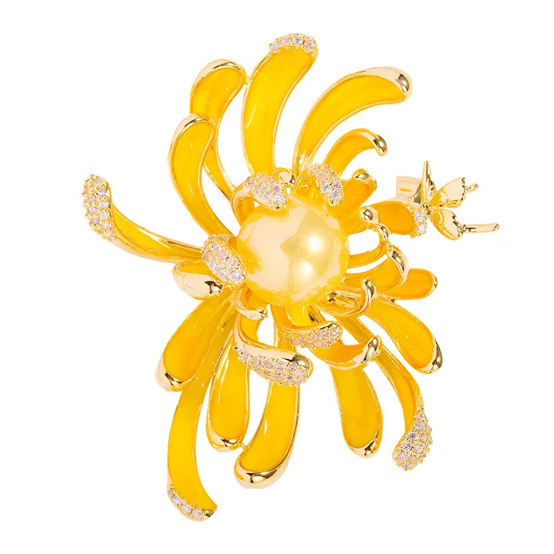 Oil Drop Flower Brooches Pins For Ladies Brand Design Yellow Floral Butterfly Corsage Luxury Statement Jewelry