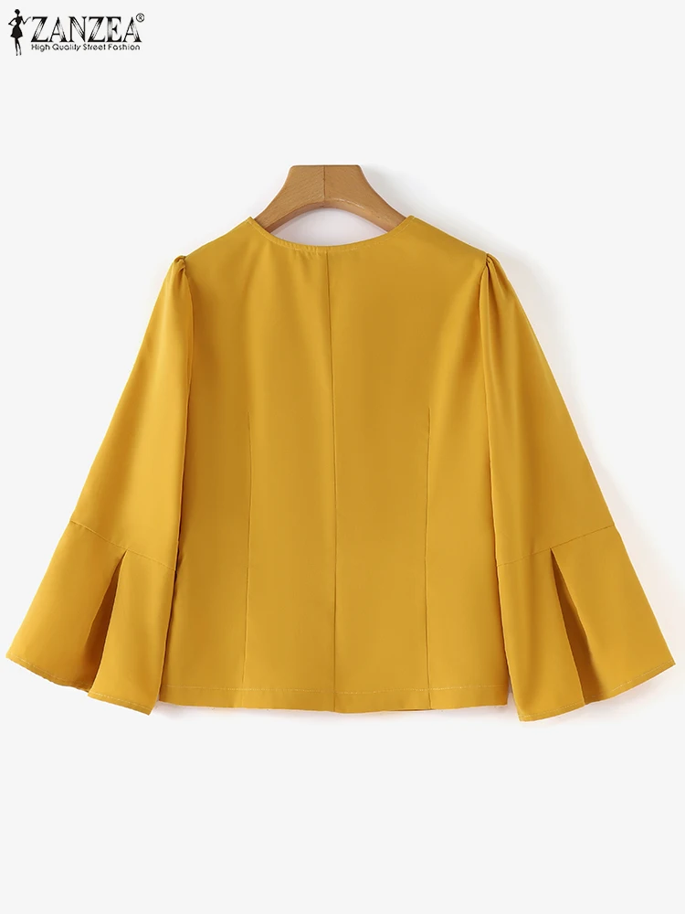 ZANZEA женские топы с расклешенными рукавами 3/4 модная однотонная блузка в стиле