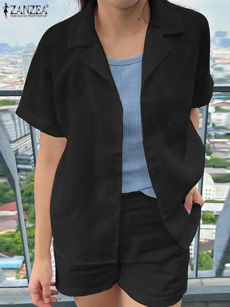 

Костюм спортивный ZANZEA Женский Повседневный, модный городской костюм, рубашка с коротким рукавом и воротником с лацканами, шорты, однотонный костюм, летний комплект