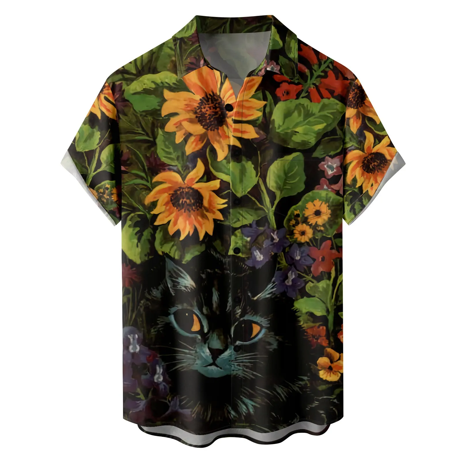 

Summer Sunflower Cat Shirts Men's Hawaiian Short Sleeve Oversized Camisa Masculina Vacation Beach Traf Official Custom Blusas