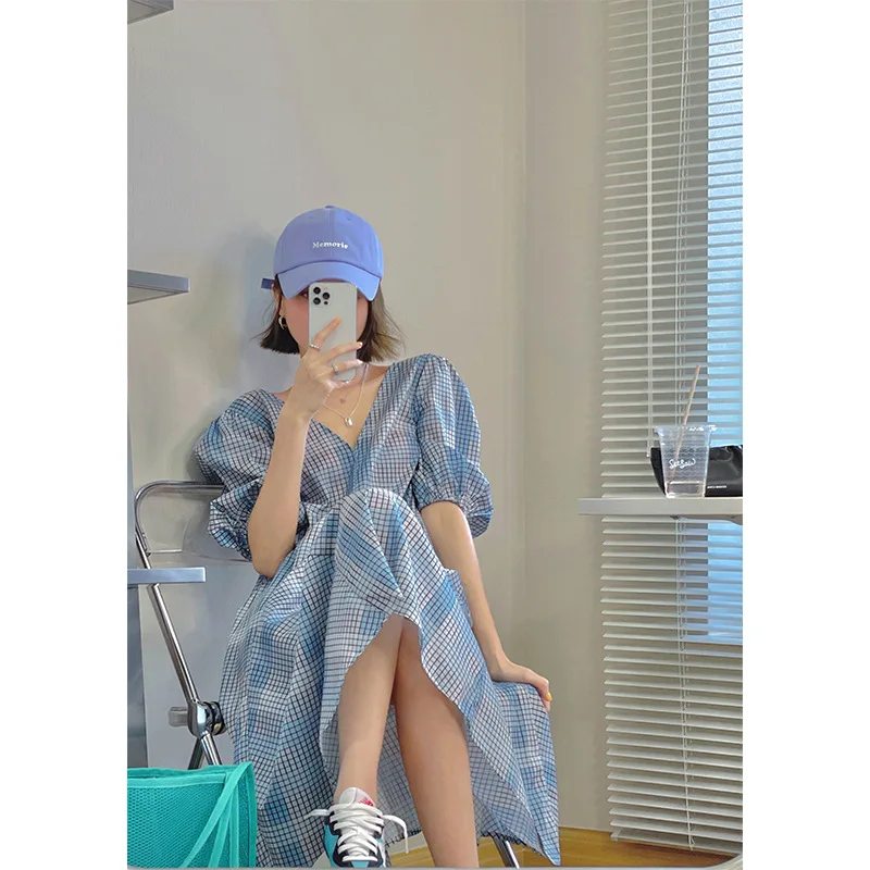 

2022 New Summer Women Girls French Style Retro Blue Grid Camisole Design Beach Sunscreen Sexy Party Outdoor Long Dress Gift