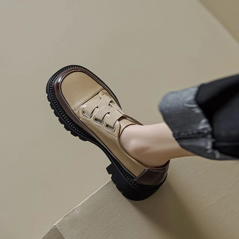 Retro Platform Flats Shoes Women Eco-friendly Leather Mixed Color Oxfords Square Toe Hook Loop Comfortable Work Ladies Shoes