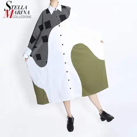 Новое осеннее платье-рубашка с рукавами «летучая мышь» размера плюс, свободное платье-рубашка в стиле пэчворк с принтом, модное уникальное ...
