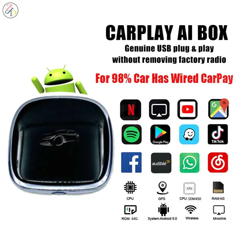 

Carplay Ai Box Android 10.0 4+64G Wireless Carplay Mini Box Car Multimedia Player 4G LTE 8 Core Youtube Netfix TV GPS Navigation