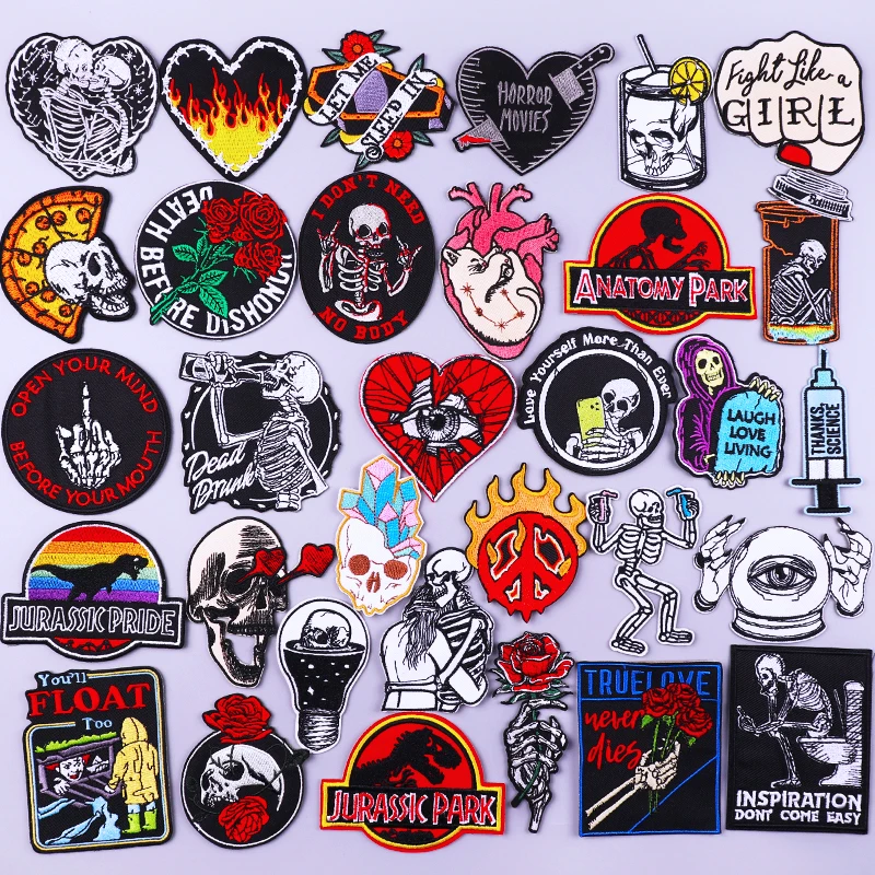 

Skeleton Punk Patch Iron on Patches On Clothes DIY Jurassic Park Badges Skull Embroidered Patches For Clothing Stripes Stickers
