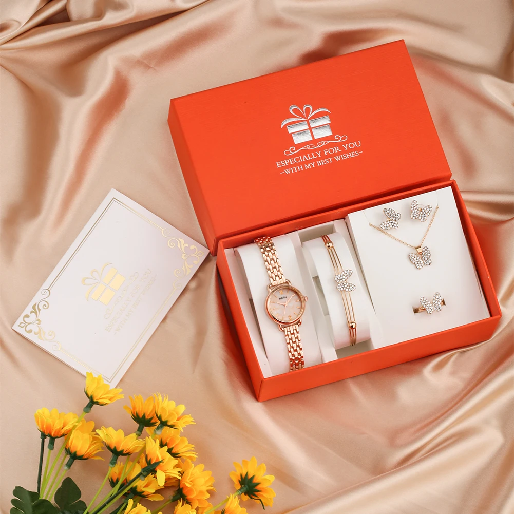 

Women Minimalist Watch 6PCS Butterfly Jewelry Earrings Necklace Luxury Gift Set for Women Rose Gold Quartz Watch Reloj De Mujer